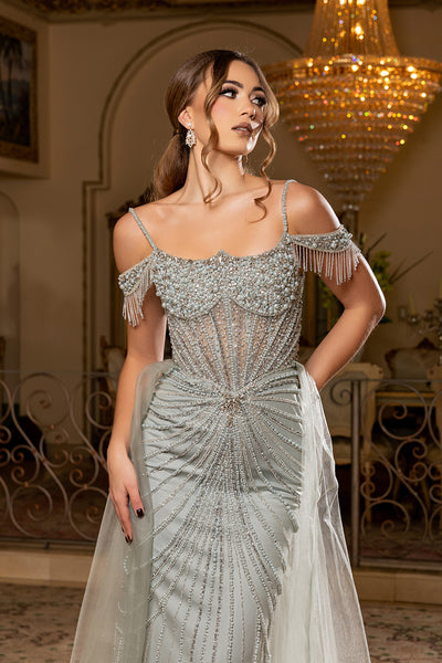 Cold-Shoulder Sweetheart Corset Beaded Fringe Mermaid Detachable Cape by Royal Queen RQ8277