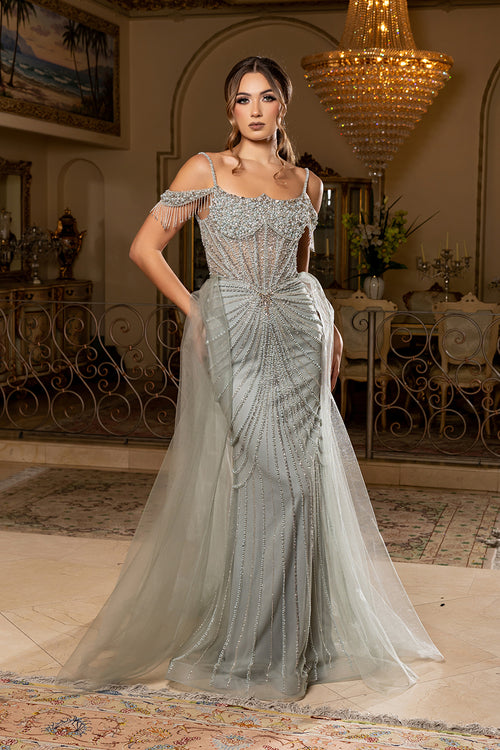Cold-Shoulder Sweetheart Corset Beaded Fringe Mermaid Detachable Cape by Royal Queen RQ8277