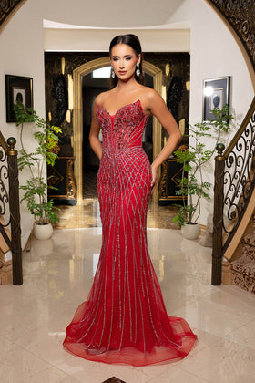 Strapless V-Neck Corset Mermaid Dress with Crystal Beading & Lace-Up Back by Royal Queen RQ8281