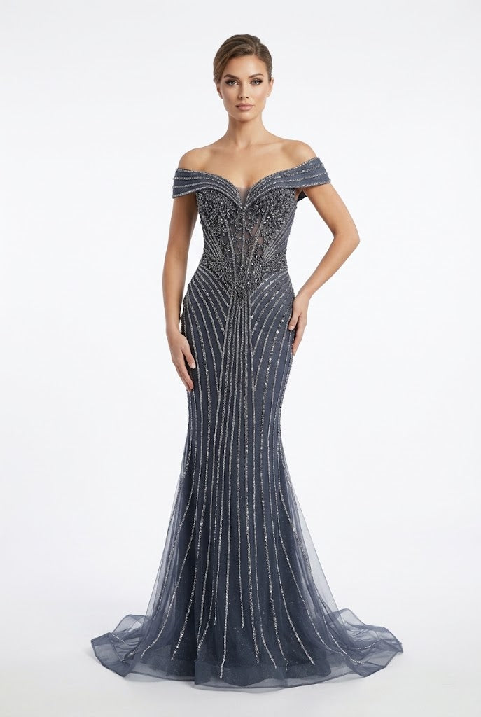 Royal Queen ARMYGREEN Beaded/sequined mesh or tulle overlay Mermaid Long Prom Dress