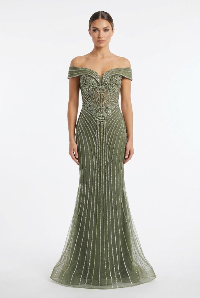 Royal Queen ARMYGREEN Beaded/sequined mesh or tulle overlay Mermaid Long Prom Dress