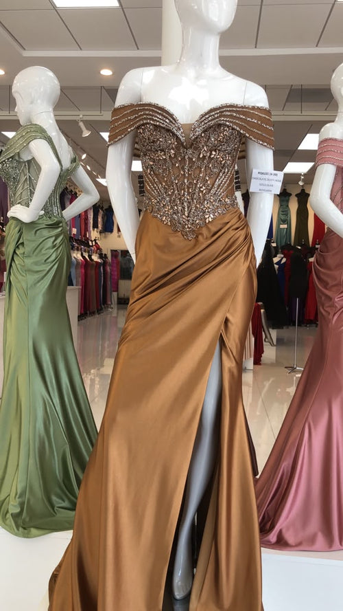 Royal Queen BRONZE Glitter Tulle with Beaded Embroidery Sheath Long Prom Dress