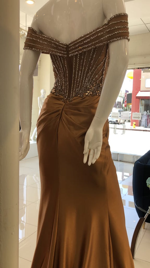 Royal Queen BRONZE Glitter Tulle with Beaded Embroidery Sheath Long Prom Dress