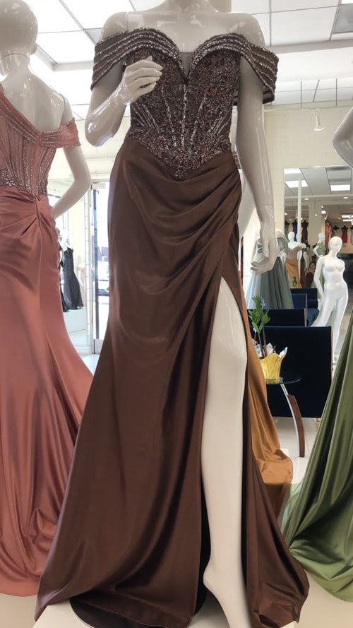 Royal Queen BRONZE Glitter Tulle with Beaded Embroidery Sheath Long Prom Dress