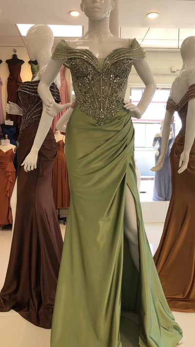 Royal Queen BRONZE Glitter Tulle with Beaded Embroidery Sheath Long Prom Dress