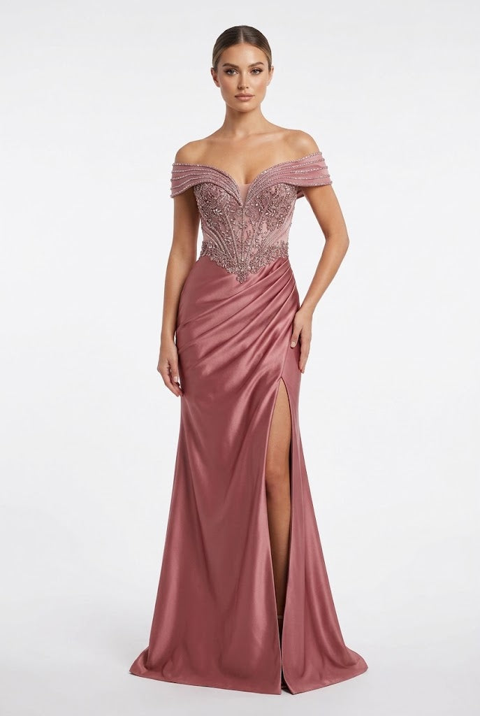 Royal Queen BRONZE Glitter Tulle with Beaded Embroidery Sheath Long Prom Dress