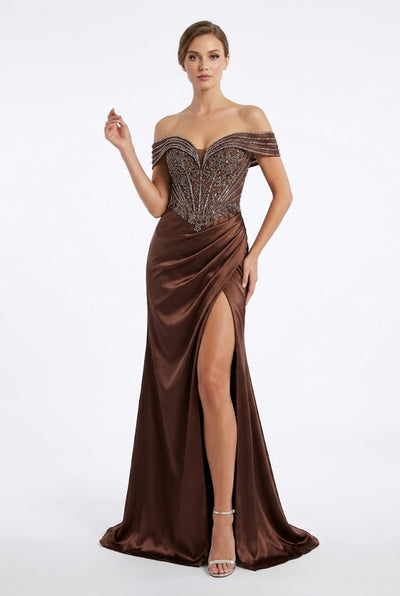 Royal Queen BRONZE Glitter Tulle with Beaded Embroidery Sheath Long Prom Dress