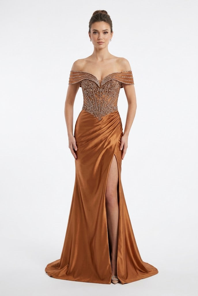 Royal Queen BRONZE Glitter Tulle with Beaded Embroidery Sheath Long Prom Dress