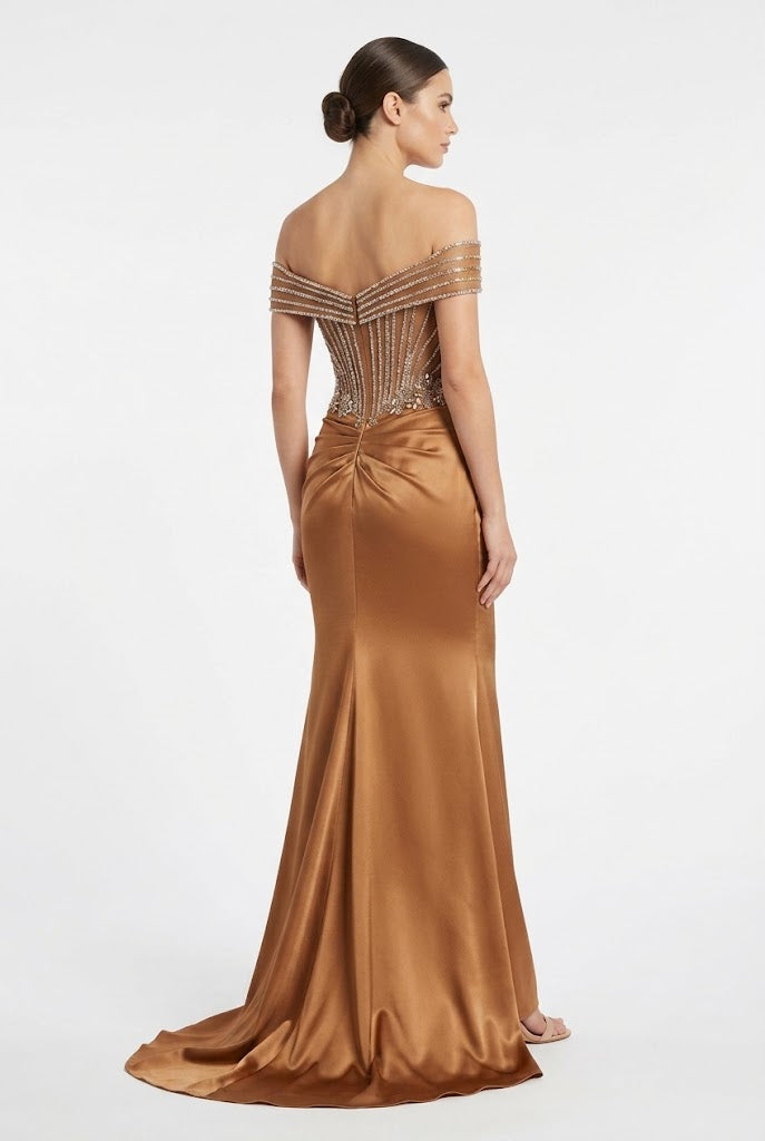 Royal Queen BRONZE Glitter Tulle with Beaded Embroidery Sheath Long Prom Dress