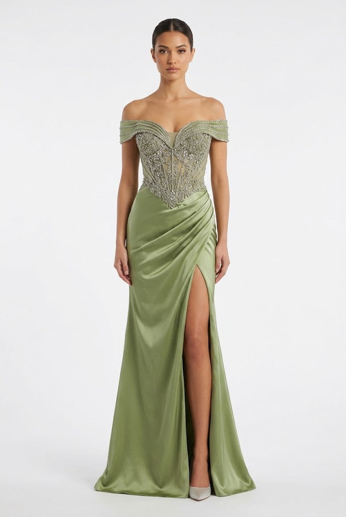 Wholesale Off-Shoulder Beaded Bodice Satin Sheath Prom Dress with Slit by Royal Queen RQ8285
