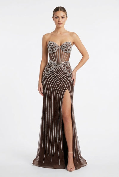 Royal Queen CHOCOLATE Beaded mesh/tulle with rhinestone appliqués over a fitted lining Sheath Long Prom Dress