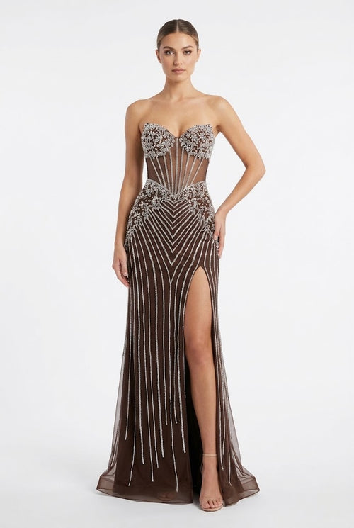 Royal Queen CHOCOLATE Beaded mesh/tulle with rhinestone appliqués over a fitted lining Sheath Long Prom Dress