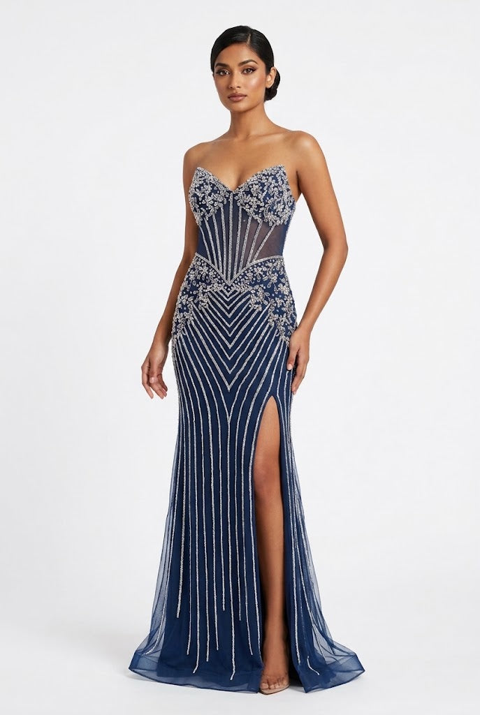 Royal Queen CHOCOLATE Beaded mesh/tulle with rhinestone appliqués over a fitted lining Sheath Long Prom Dress