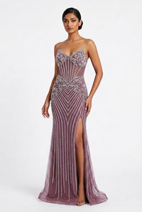 Royal Queen CHOCOLATE Beaded mesh/tulle with rhinestone appliqués over a fitted lining Sheath Long Prom Dress