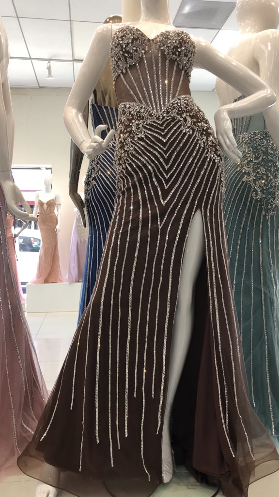 Royal Queen CHOCOLATE Beaded mesh/tulle with rhinestone appliqués over a fitted lining Sheath Long Prom Dress