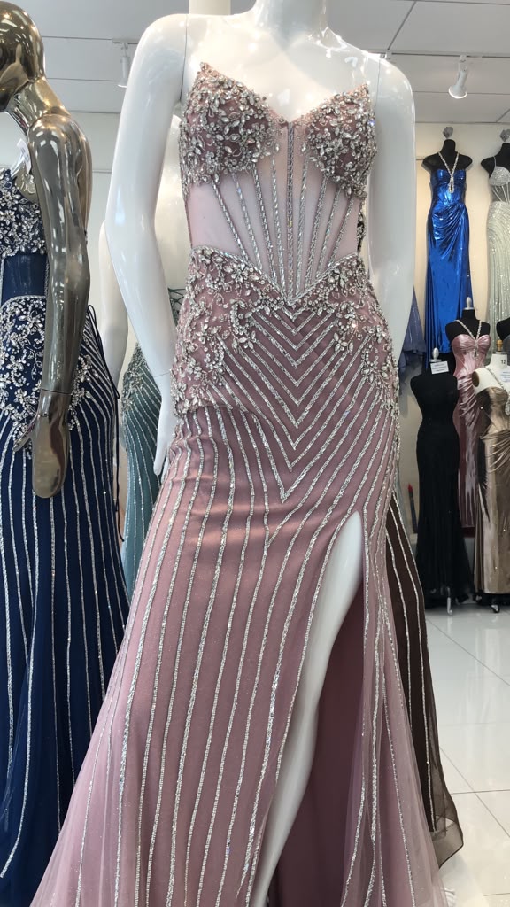 Royal Queen CHOCOLATE Beaded mesh/tulle with rhinestone appliqués over a fitted lining Sheath Long Prom Dress