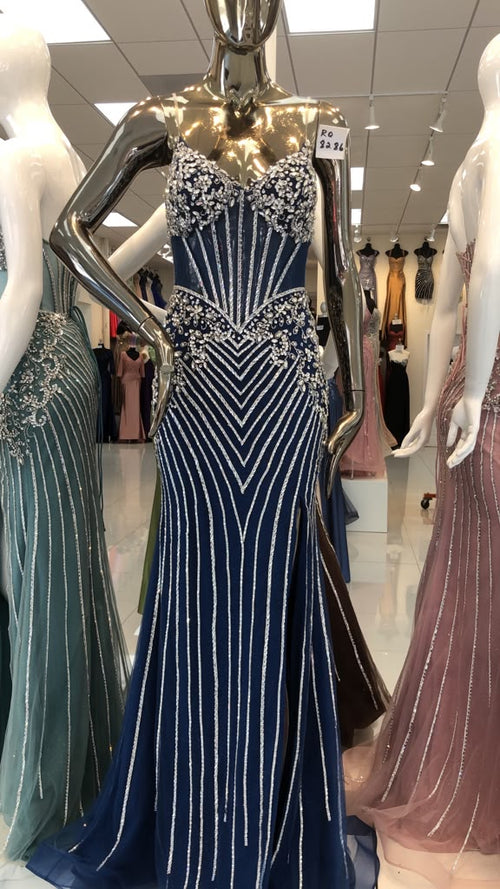 Royal Queen CHOCOLATE Beaded mesh/tulle with rhinestone appliqués over a fitted lining Sheath Long Prom Dress