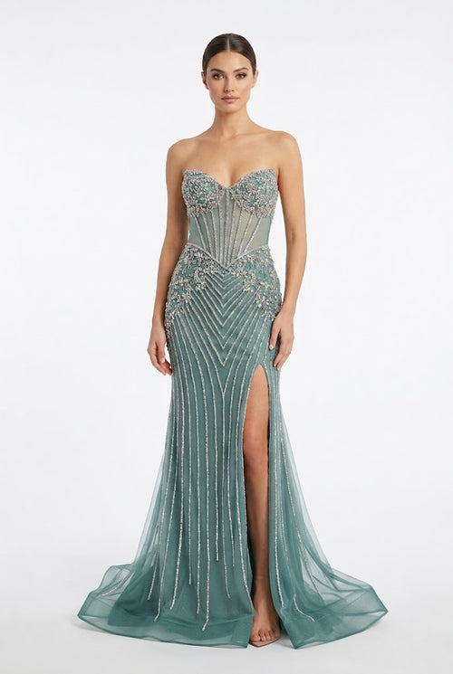 Royal Queen CHOCOLATE Beaded mesh/tulle with rhinestone appliqués over a fitted lining Sheath Long Prom Dress