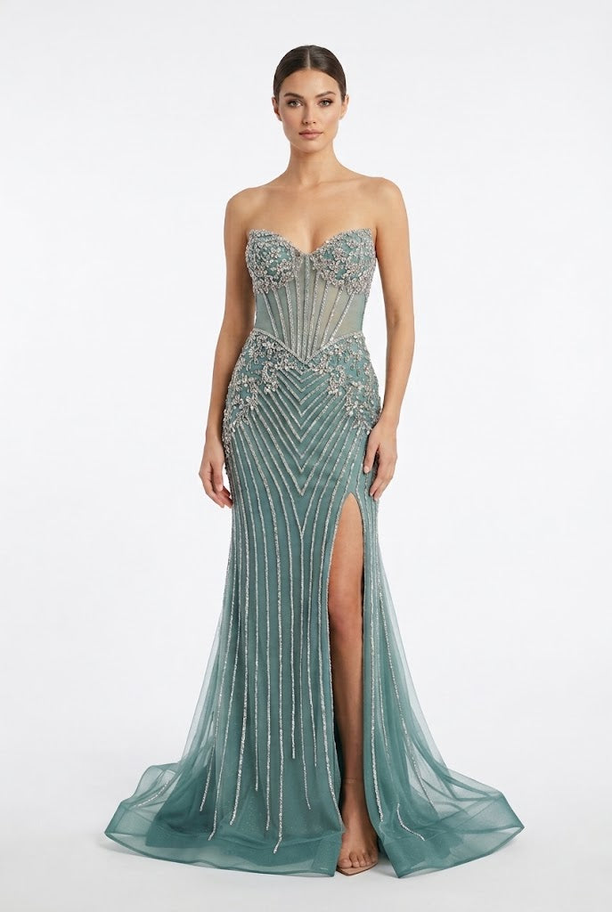 Royal Queen CHOCOLATE Beaded mesh/tulle with rhinestone appliqués over a fitted lining Sheath Long Prom Dress