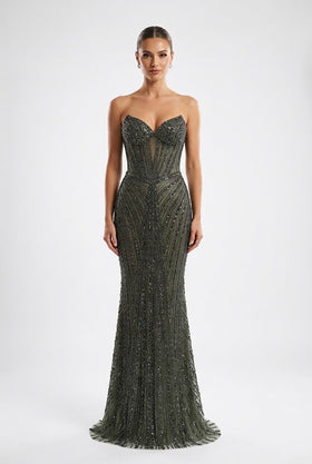 Beaded Sequin Mermaid Dress Sweetheart Corset Evening Gown with Lace-Up Back by Royal Queen RQ8288