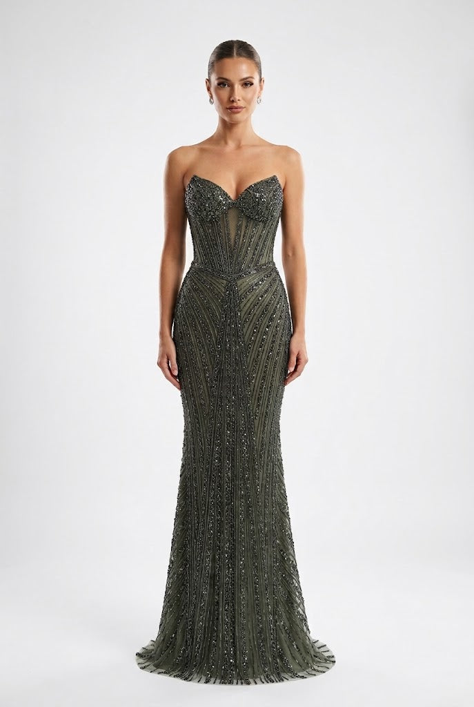 Beaded Sequin Mermaid Dress Sweetheart Corset Evening Gown with Lace-Up Back by Royal Queen RQ8288