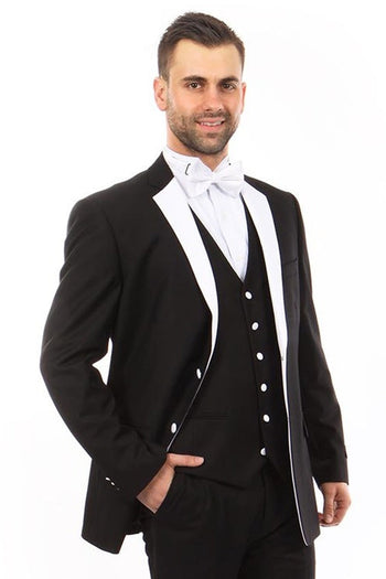 Esmoquin clásico de dos botones con solapa y muesca para hombre en blanco y negro