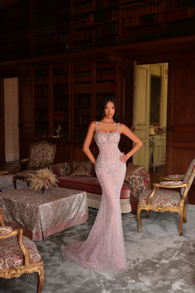 Chic and Holland AR330587 Square Neck Thick Strap Beaded Sheath Prom Gown