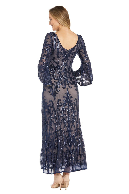 Navy Nude Sequin Long Evening Dress with Bell Sleeve by R&M Richards 1485