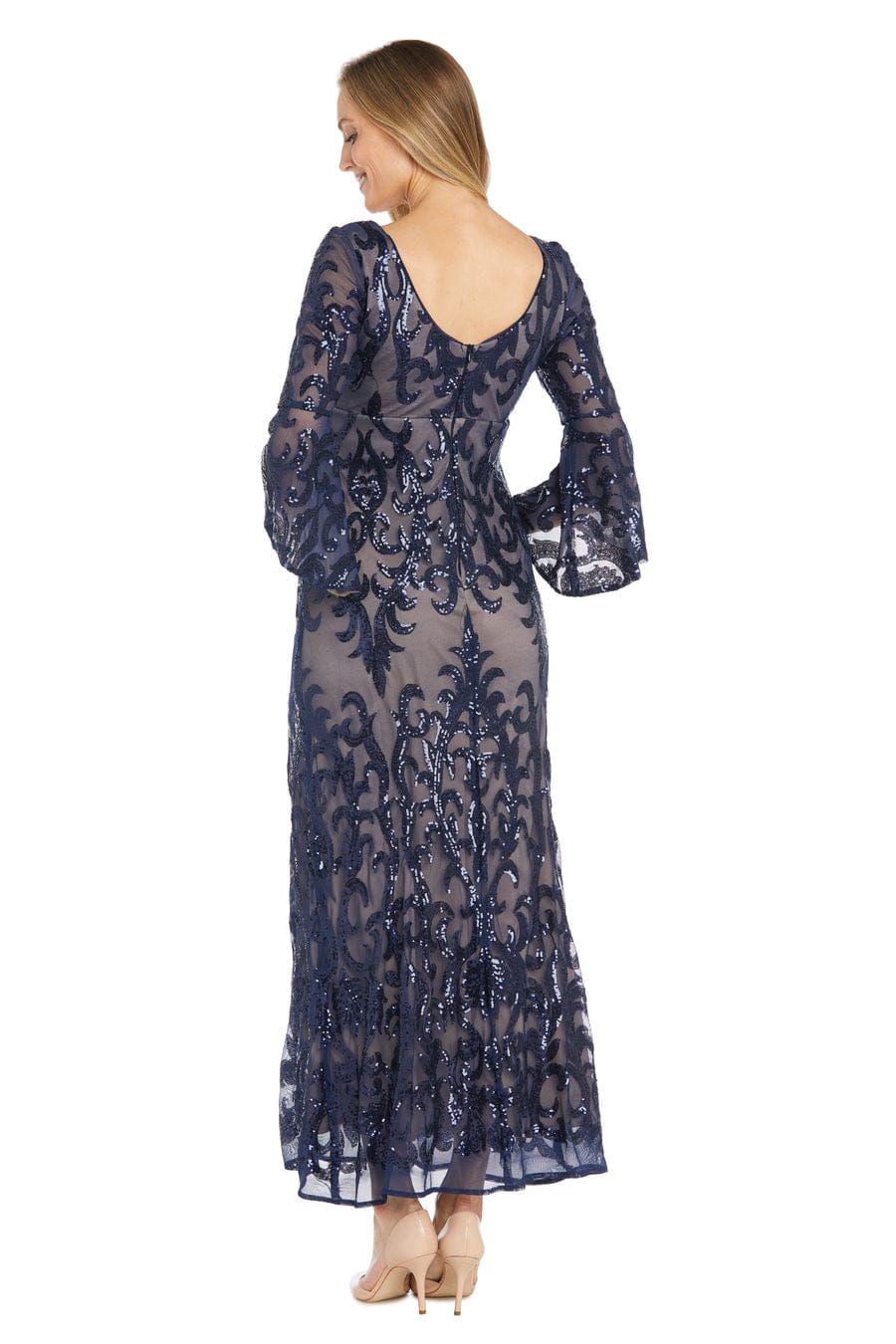 Navy Nude Sequin Long Evening Dress with Bell Sleeve by R&M Richards 1485