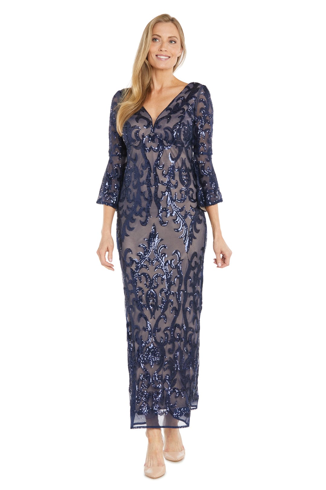 Navy Nude Sequin Long Evening Dress with Bell Sleeve by R&M Richards 1485