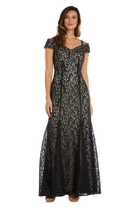 Mermaid Fit Off the Shoulder Evening Gown with Lace Detail and Lace by R&M Richards 2047