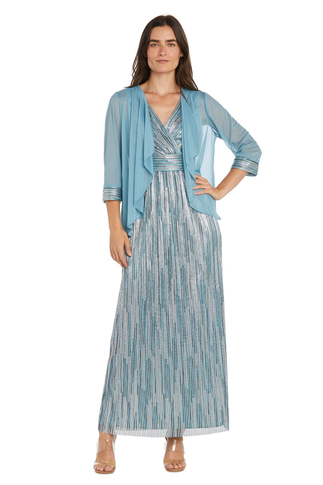 Slate Metallic Pleated Gown with Sheer Drape Jacket with Sleeveless and Shimmer Finish by R&M Richards 3145