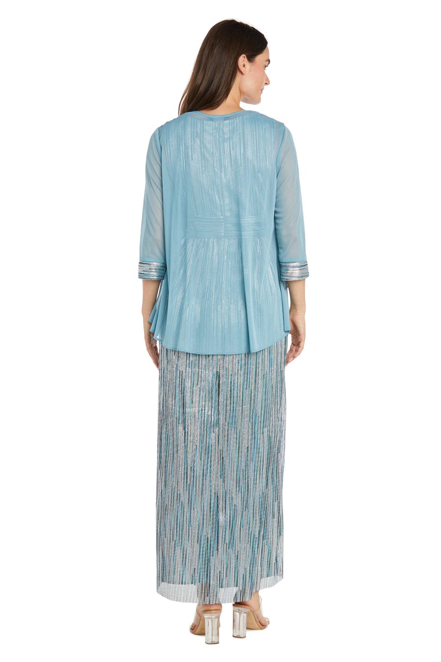 Slate Metallic Pleated Gown with Sheer Drape Jacket with Sleeveless and Shimmer Finish by R&M Richards 3145