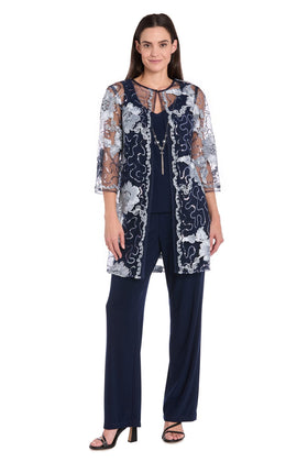 Embroidered Three-Piece Pant Set in Navy Slate by R&M Richards 3356