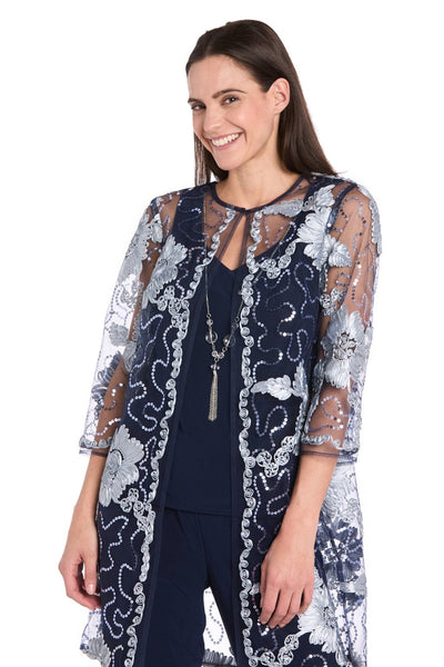 Embroidered Three-Piece Pant Set in Navy Slate by R&M Richards 3356