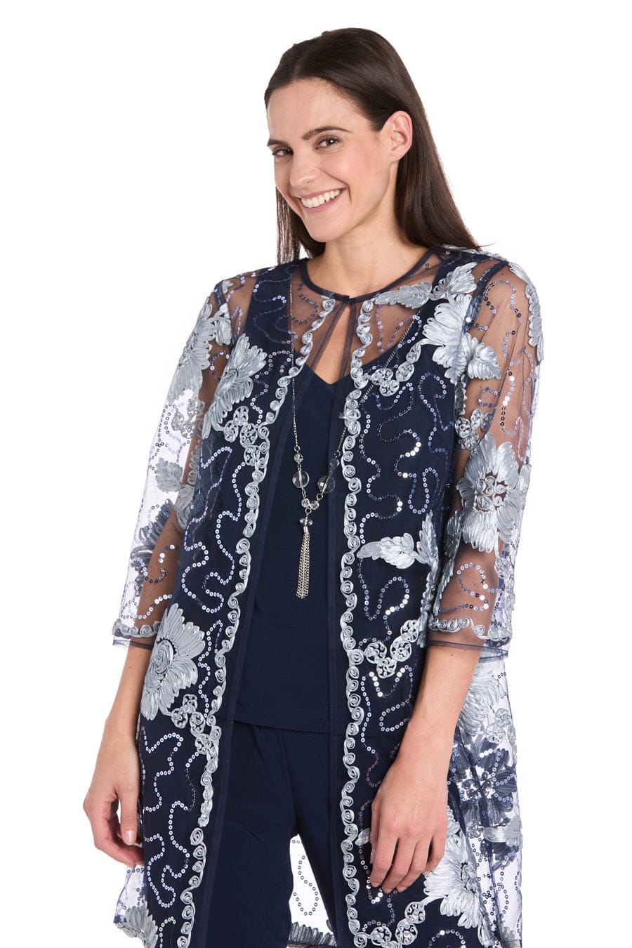 Embroidered Three-Piece Pant Set in Navy Slate by R&M Richards 3356