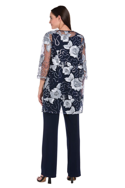 Embroidered Three-Piece Pant Set in Navy Slate by R&M Richards 3356