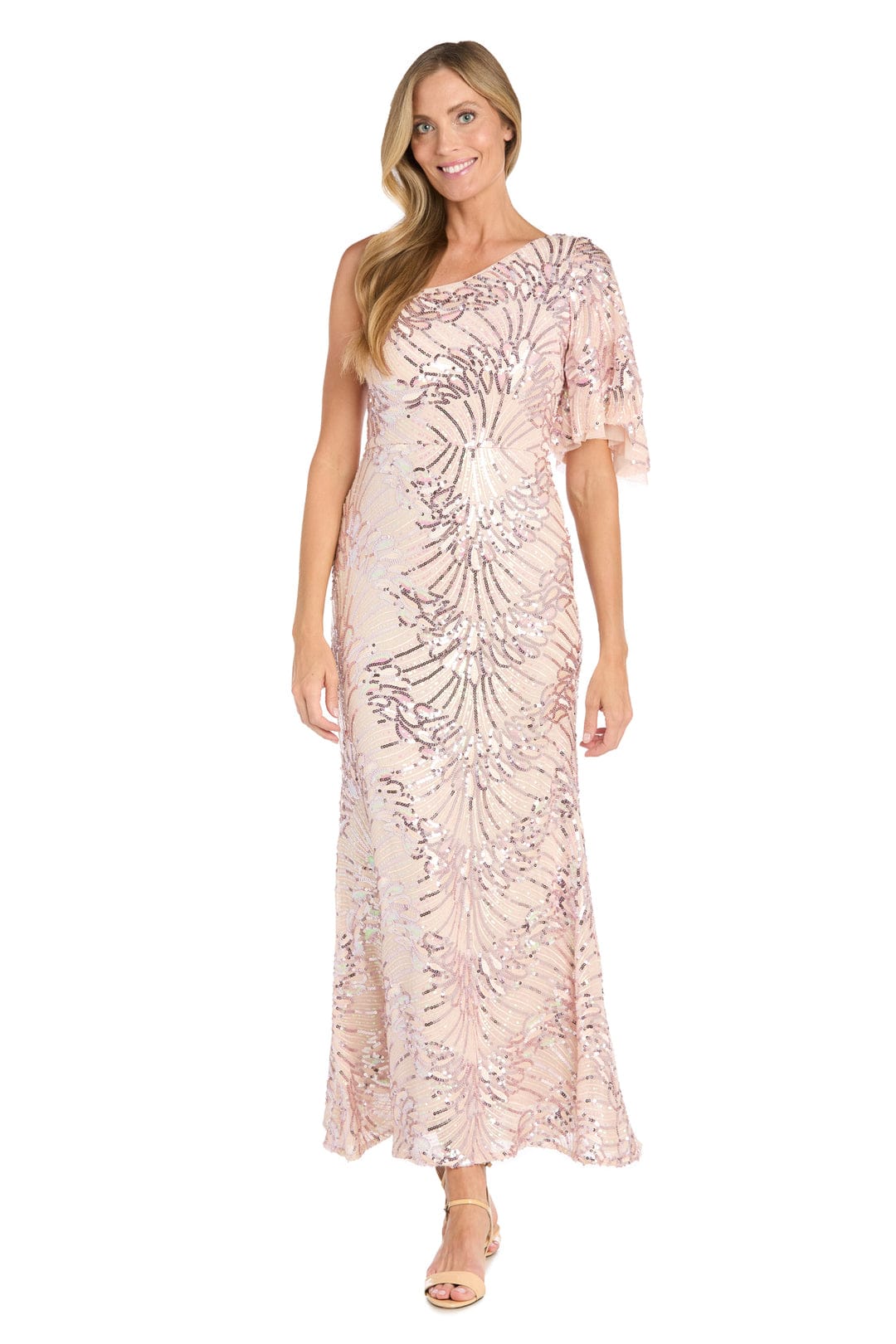 Pink One-Shoulder Sequin Starburst Gown in Blush with One Shoulder, Metallic Finish, and Shimmer Finish by R&M Richards 3456