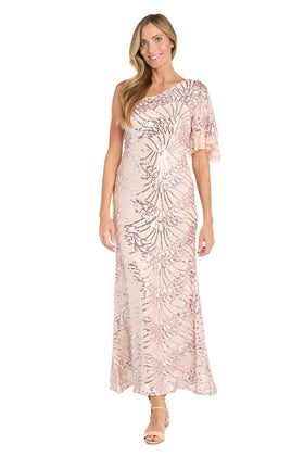 Pink One-Shoulder Sequin Starburst Gown in Blush with One Shoulder, Metallic Finish, and Shimmer Finish by R&M Richards 3456