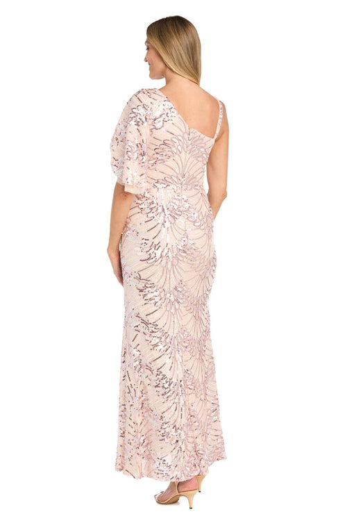 Pink One-Shoulder Sequin Starburst Gown in Blush with One Shoulder, Metallic Finish, and Shimmer Finish by R&M Richards 3456