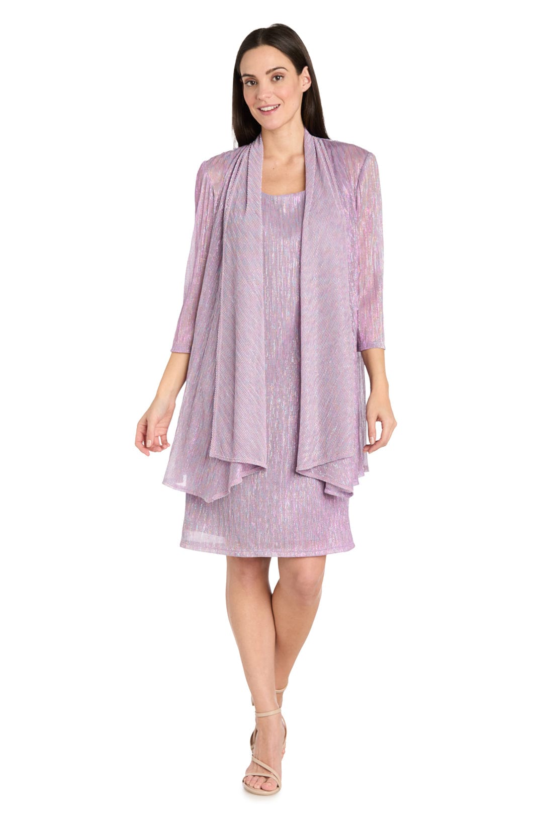Metallic Knit Two-Piece Jacket Dress Set with 3/4 Sleeve, Shimmer Finish, and Coordinating Jacket by R&M Richards 3461