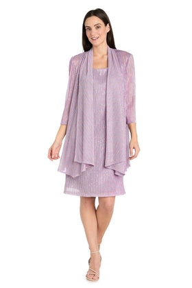Metallic Knit Two-Piece Jacket Dress Set with 3/4 Sleeve, Shimmer Finish, and Coordinating Jacket by R&M Richards 3461