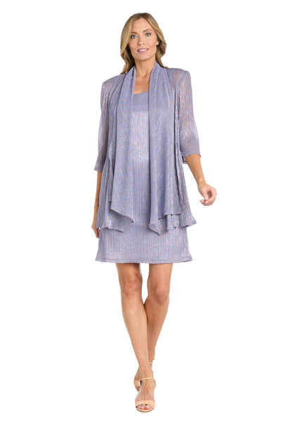 Metallic Knit Two-Piece Jacket Dress Set with 3/4 Sleeve, Shimmer Finish, and Coordinating Jacket by R&M Richards 3461