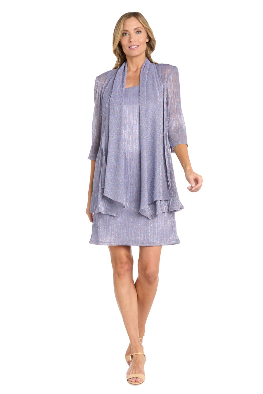 Metallic Knit Two-Piece Jacket Dress Set with 3/4 Sleeve, Shimmer Finish, and Coordinating Jacket by R&M Richards 3461