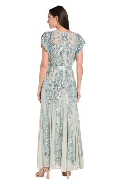 Sage Sequin Embellished Gown with Satin Waist Tie with Flutter Sleeve and Scoop Neck by R&M Richards 3465