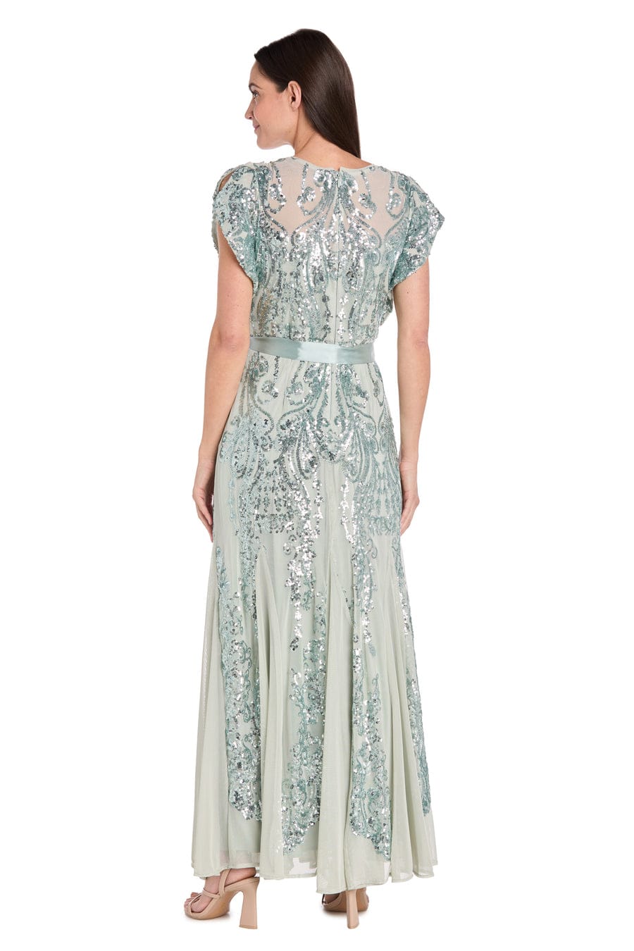 Sage Sequin Embellished Gown with Satin Waist Tie with Flutter Sleeve and Scoop Neck by R&M Richards 3465