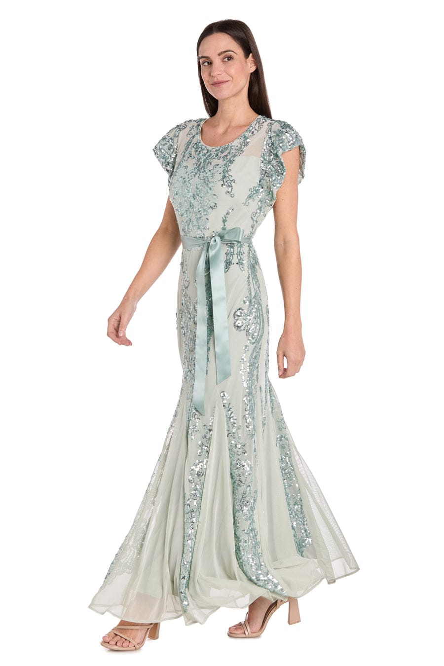 Sage Sequin Embellished Gown with Satin Waist Tie with Flutter Sleeve and Scoop Neck by R&M Richards 3465