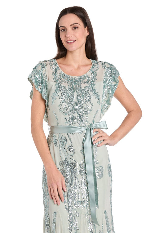 Sage Sequin Embellished Gown with Satin Waist Tie with Flutter Sleeve and Scoop Neck by R&M Richards 3465