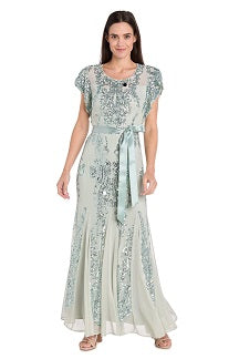 Sage Sequin Embellished Gown with Satin Waist Tie with Flutter Sleeve and Scoop Neck by R&M Richards 3465