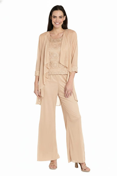 Three-Piece Lace & Chiffon Evening Pant Set with Sleeveless, Scoop Neck, and Sequin Embellishment by R&M Richards 7008